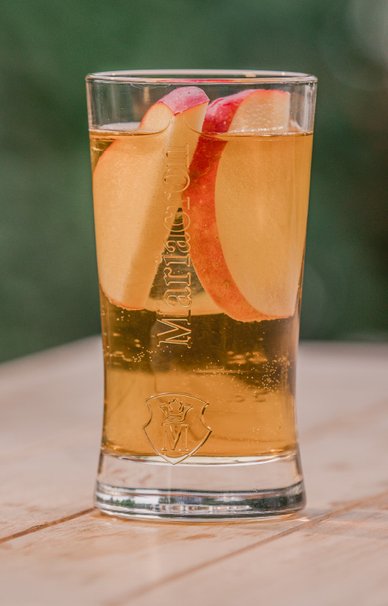 Ein Glas mit einem erfrischenden Getränk, gefüllt mit goldener Flüssigkeit und Apfelscheiben, steht auf einem Holztisch.