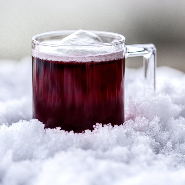 Ein Glas mit einem leuchtend roten Getränk, das auf einer weichen Schneedecke platziert ist, verleiht eine winterliche Atmosphäre.