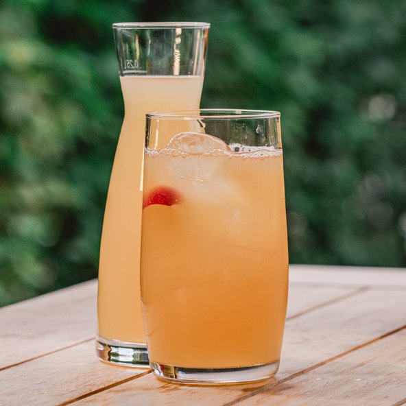 Zwei Gläser mit einem erfrischenden, sprudelnden Getränk stehen auf einem Holztisch, umgeben von grünen Pflanzen.